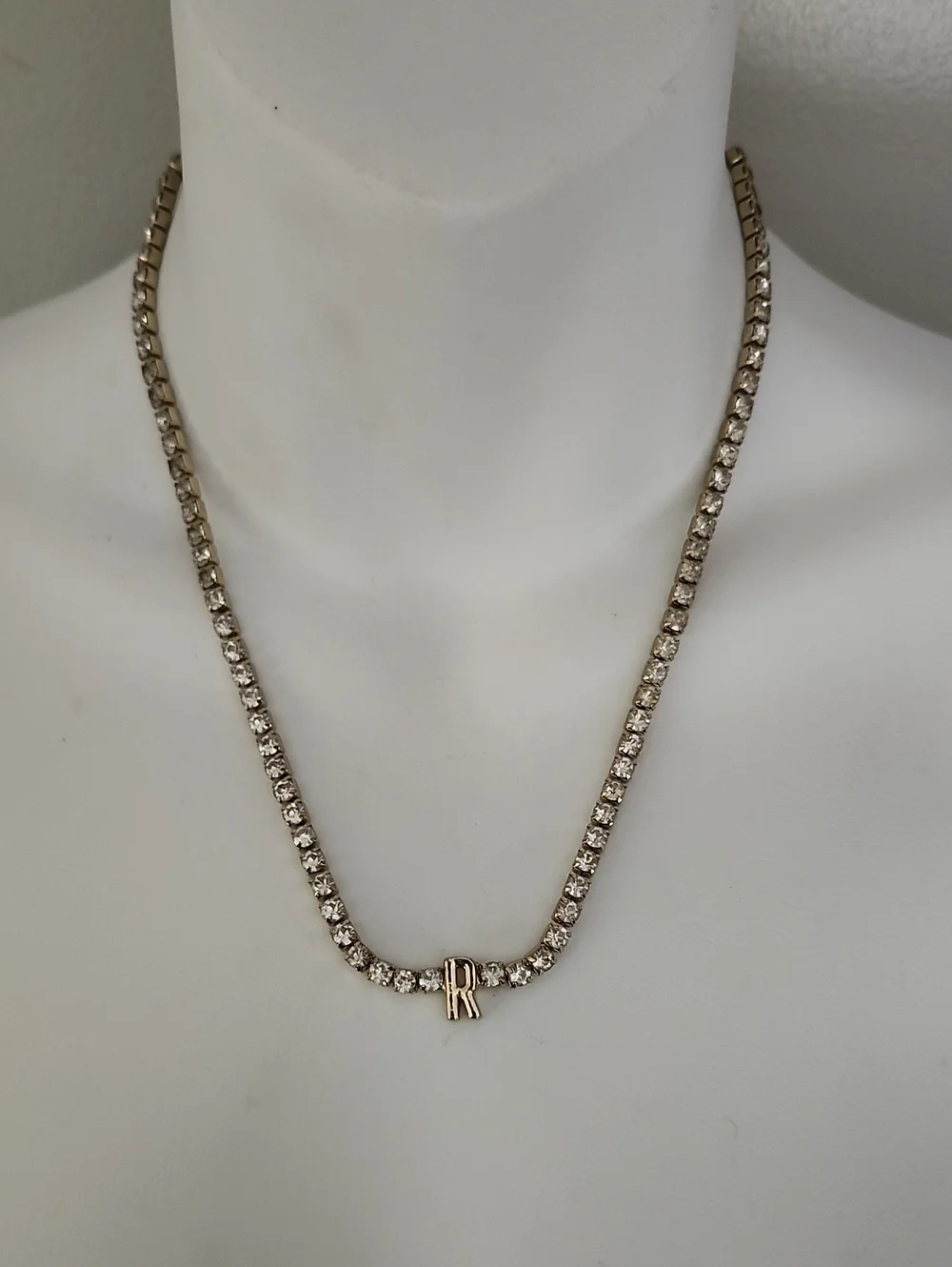 Rhinestone Tennis Necklace with 'R' Initial Accent - Silver